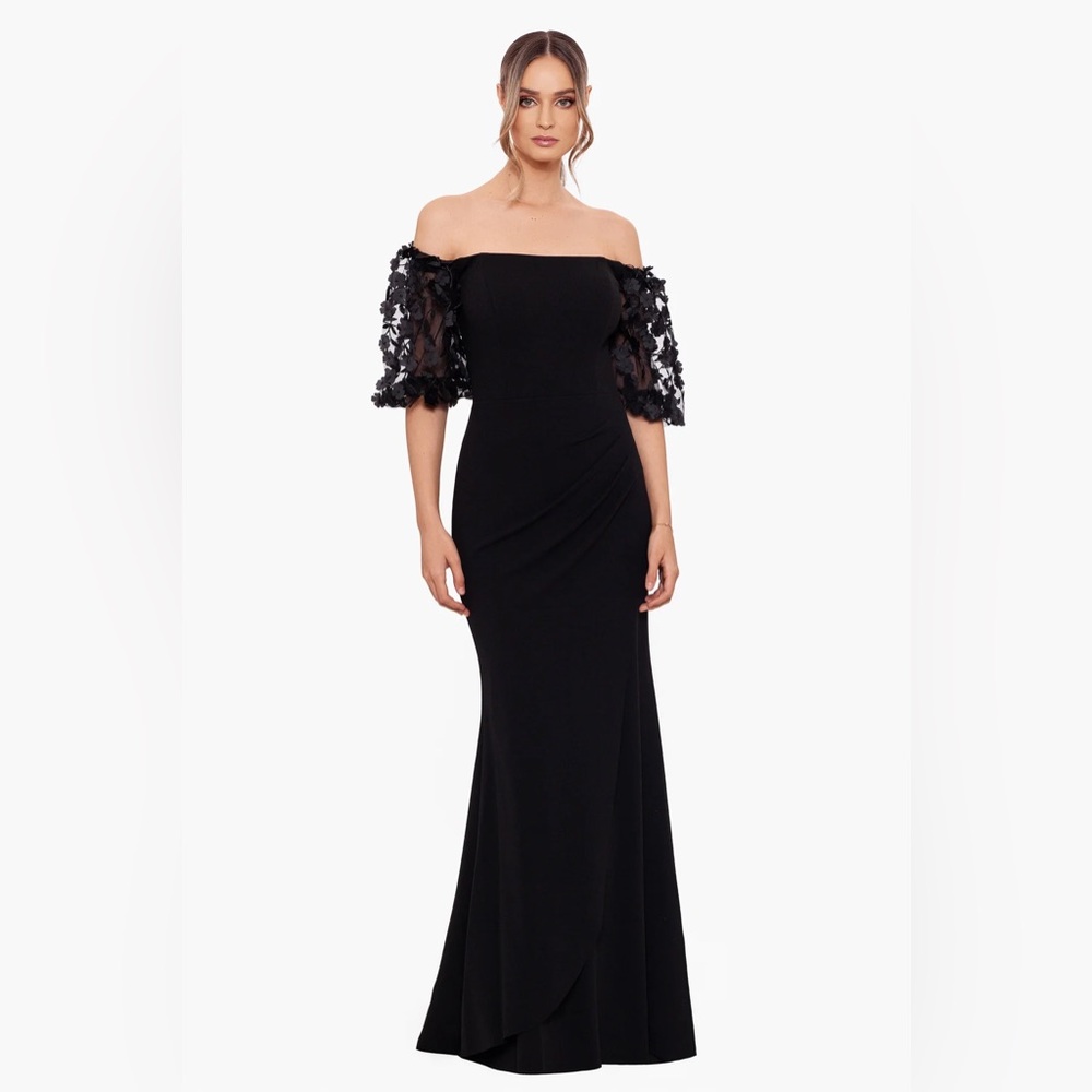Xscape Off-Shoulder Black Gown SZ 4 Floral Sleeve Formal Evening Dress GALA MOB